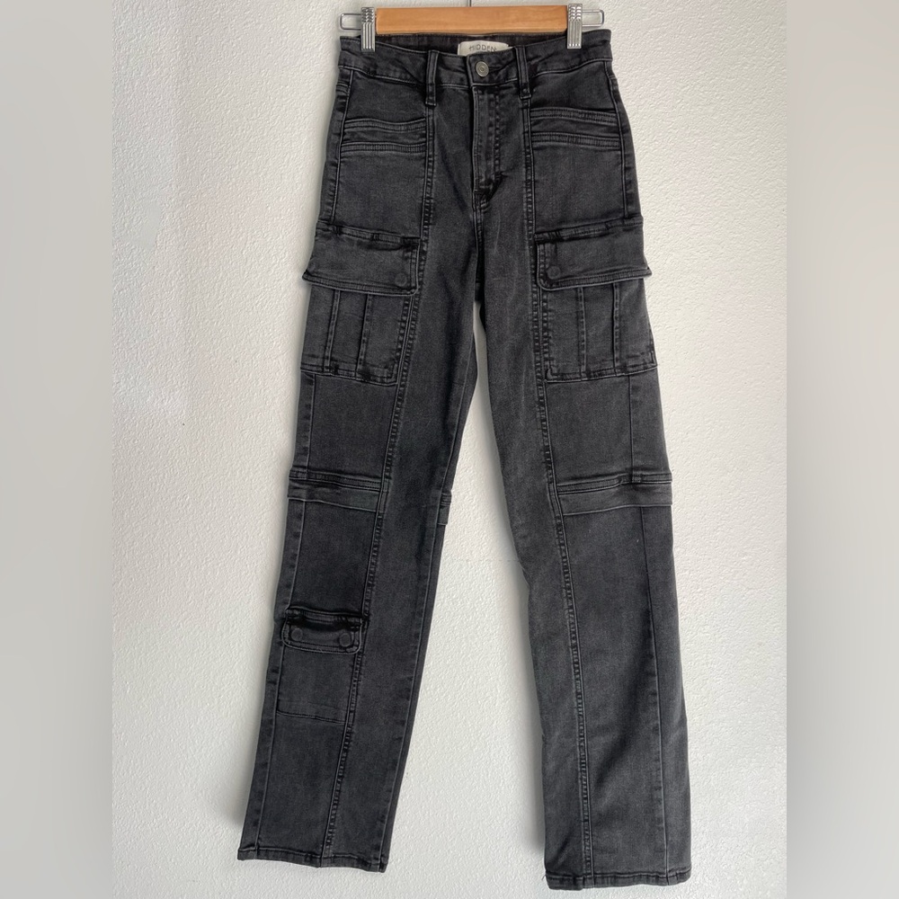 Hidden LA Tracey Cargo Jeans Black Faded High Rise Straight Leg - Picture 3 of 13